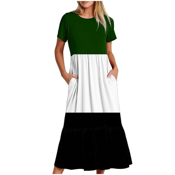 pimelu Dresses for Women Womens Dresses Pleated Swing Loose Pocket A Line Beach Long Dress Summer Fashion Color Block Short Sleeve Round Neck Women Maxi Dresses