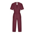 thumbnail image 6 of up to 60% off Gifts Usmixi Jumpsuits for Women Dressy Fashion Elastic Waist Pleated Cotton Linen Pocket Jumpsuits Summer Crewneck Short Sleeve Solid Long Trendy Rompers Wine xxl, 6 of 7