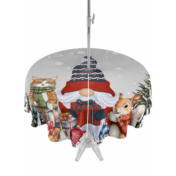 Outdoor Tablecloth with Umbrella Hole and Zipper, Grey Christmas Round Table Cloth 60 Inch Waterproof Tablecloth, Winter Gnomes Squirrel Xmas Pine Tree Snow Picnic Table Cover for Patio Camping