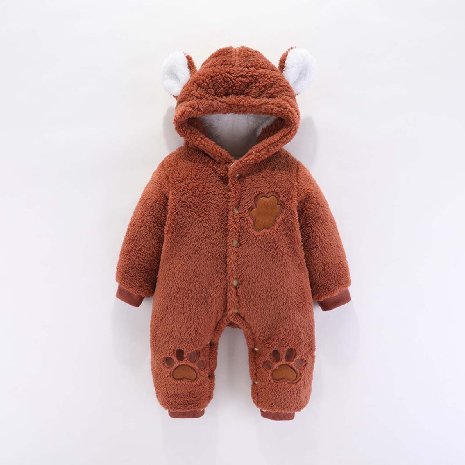 Baby Boy Fleece Jumpsuit Coffee Onesies Long Sleeve Button down Bear Onesie Hooded Jumpsuit Bodysuit Infant Snowsuit Newborn Baby Clothes 1-3 months