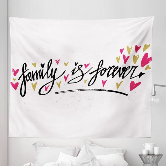 Inspirational Tapestry, Inspirational Phrase Family is Forever Hand Writing Hearts, Fabric Wall Hanging Decor for Bedroom Living Room Dorm, 5 Sizes, Pale Coffee Hot Pink, by Ambesonne
