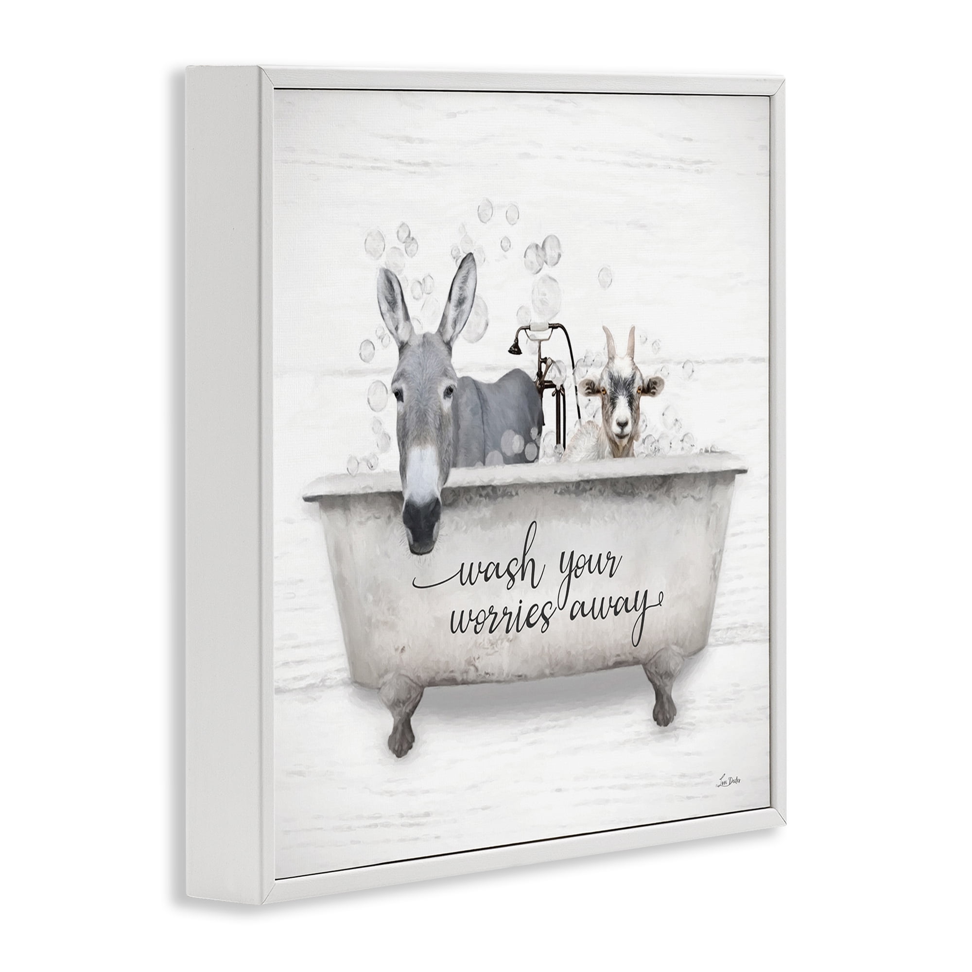 Stupell Industries Wash Worries Away Tub Typography Painting White Framed Art Print Wall Art, 12 x 12