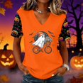 thumbnail image 2 of Qwertyu Womens Halloween Shirts Plus Size Funny Ghost Pumpkin Print Short Sleeve V-Neck Halloween T-Shirt Casual Loose Cute Thanksgiving Tunic Tops Orange XL, 2 of 4