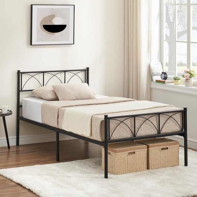 Twin Size Sturdy Modern Stylish Iron Bed Frame with Headboard and Footboard Metal Platform Bed - Simple Assembly, No Box Spring Needed, Under Bed Storage