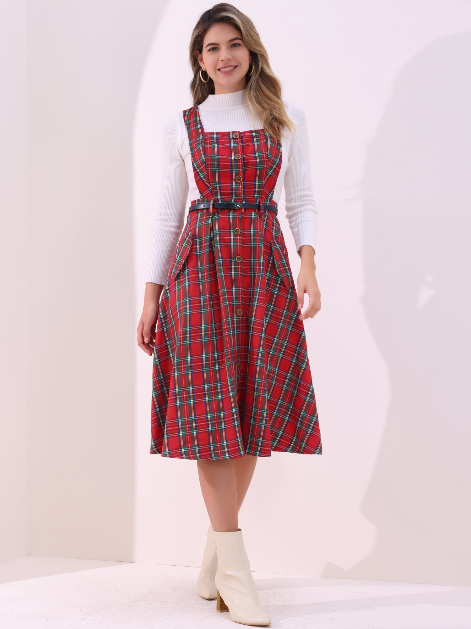 DARING DIVA Women's Plaid Vintage A Line Pinafore Dress S Red Green