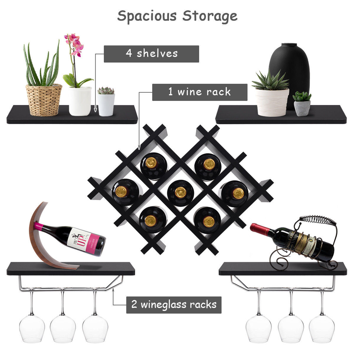 Gymax Set of 5 Wall Mount Wine Rack Set Storage Shelves Glass Holder Black