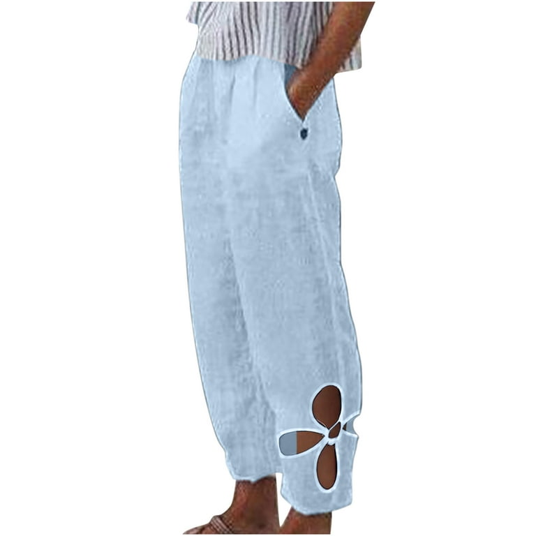 Women's Cotton Linen Casual Pants Straight Leg Drawstring Elastic High  Waist Trousers with Pockets for Vacation Beach Sleep SJRT-MY