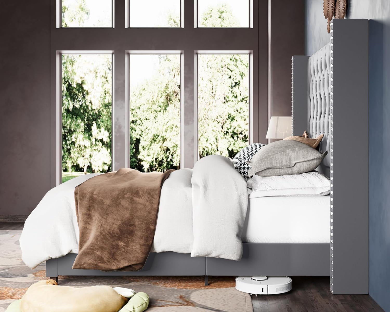 Merluxy King Bed Frame with Deep Button Tufting and 61.4" Tall Headbord,Velvet Upholstered,Grey