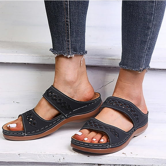BLTIBY Women's Sandals Slippers Open Toe Hollow Out Wedge Sandal Casual Summer Slip-On Platform Sandals for Women Black 35