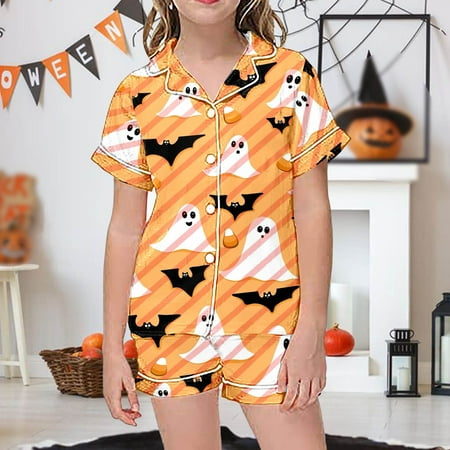 

Hbdhejl Toddler Girls Pajamas 2 Piece Sets Pajamas For Kids Children Graphic Print Short Sleeve Button Shirt Shorts Pajama Set Beige 8-9 Years