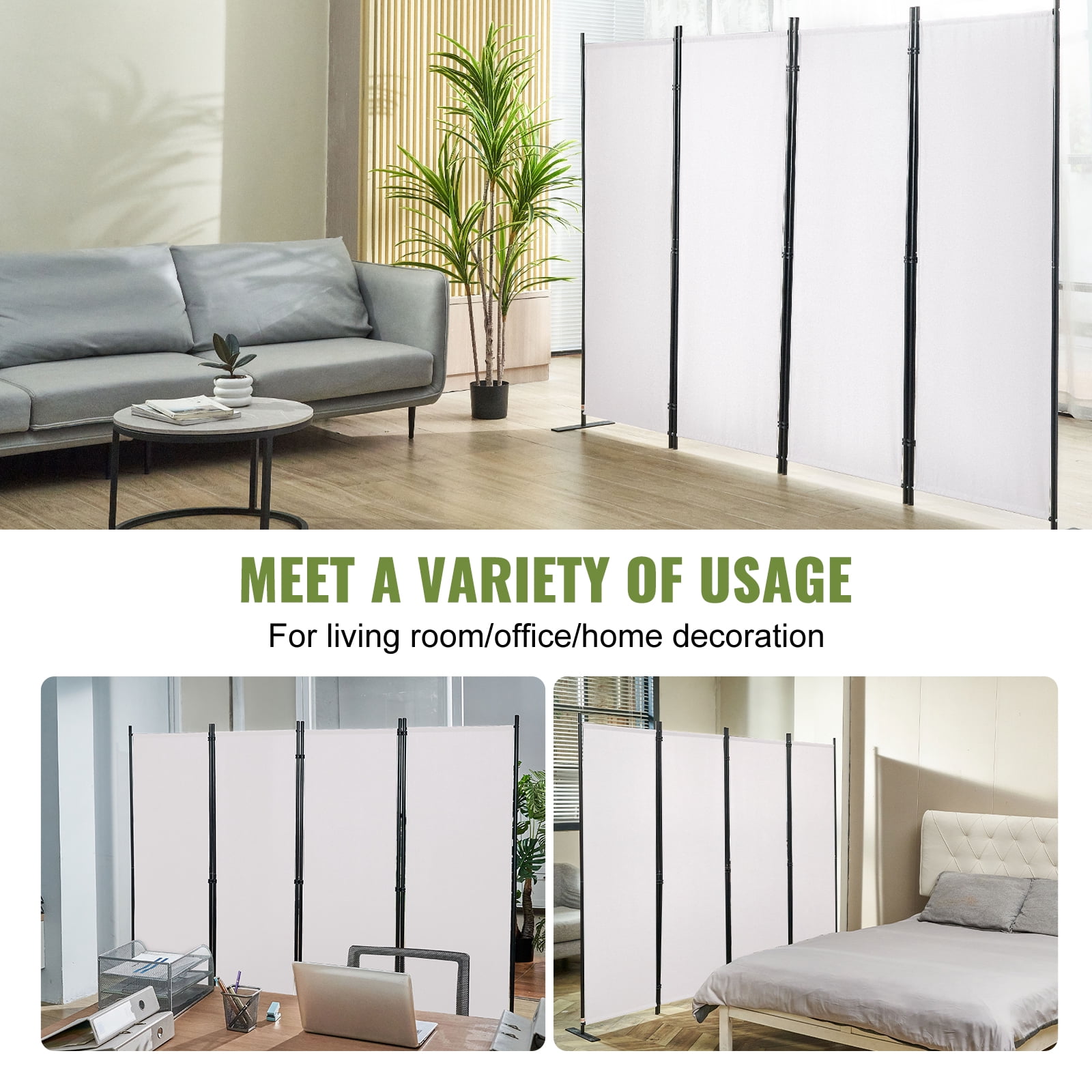 KFFKFF Space Separator, 5.6 ft Privacy Folding Screens (4-panel), Cloth Sectional Dividers for Workspace, Sleeping Area, Meal Space, Study Room, Independent, in White