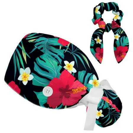 

Working Cap with Buttons and Sweatband Scrub Hat Bouffant Caps with Scrunchie Tropical Plants Tie Back Hats