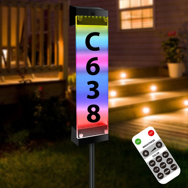 Luz solar para números de casa, resistente al agua, 7 colores, RGB, LED, placa de dirección con estaca, funciona con energía solar, luces de señal de dirección iluminadas para el hogar, patio, calle a