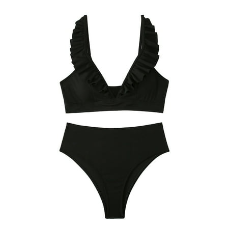 2 Piece Bikinis V-Neck for Women Women s Two Swimsuit High Waisted Printed Bikini Sets Ruffle Bathing Suits Beach Vacation Clothes Black