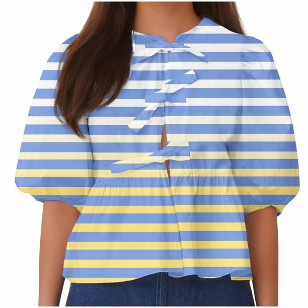 Camisetas de Manga Corta para las Mujeres Lanterna Manga Corbata Plisado Cuello Redondo, Casual Recortado Camiseta Top para Gimnasio Y Diario