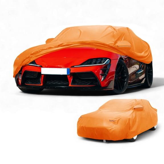 Unique Bargains Car Cover Waterproof All Weather Automotive Outdoor Anti-UV Sun Rain Protection Full Exterior Cover for Toyota Supra Aluminum Film Cotton Orange with Reflective Strips