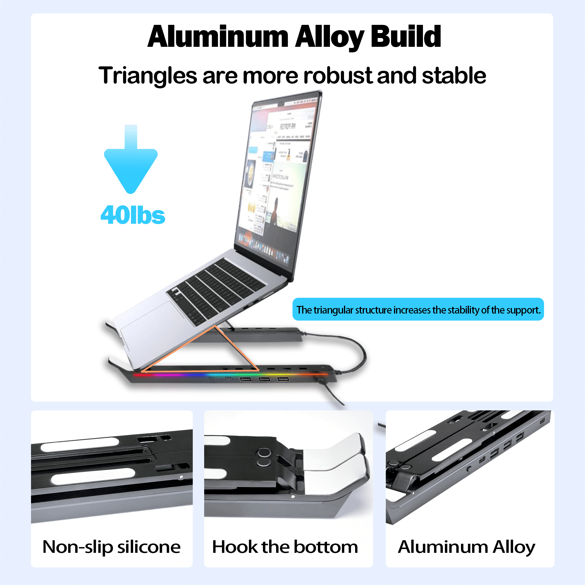 TIKBBRMG Laptop Docking Station Stand, Portable USB C Hub 5 in 1 Multiport Adapter with 3 USB Ports and Storage Bag, 12 Levels RGB Light Universal Dock Station for MacBook Pro/Air/HP/Surface/Lenovo