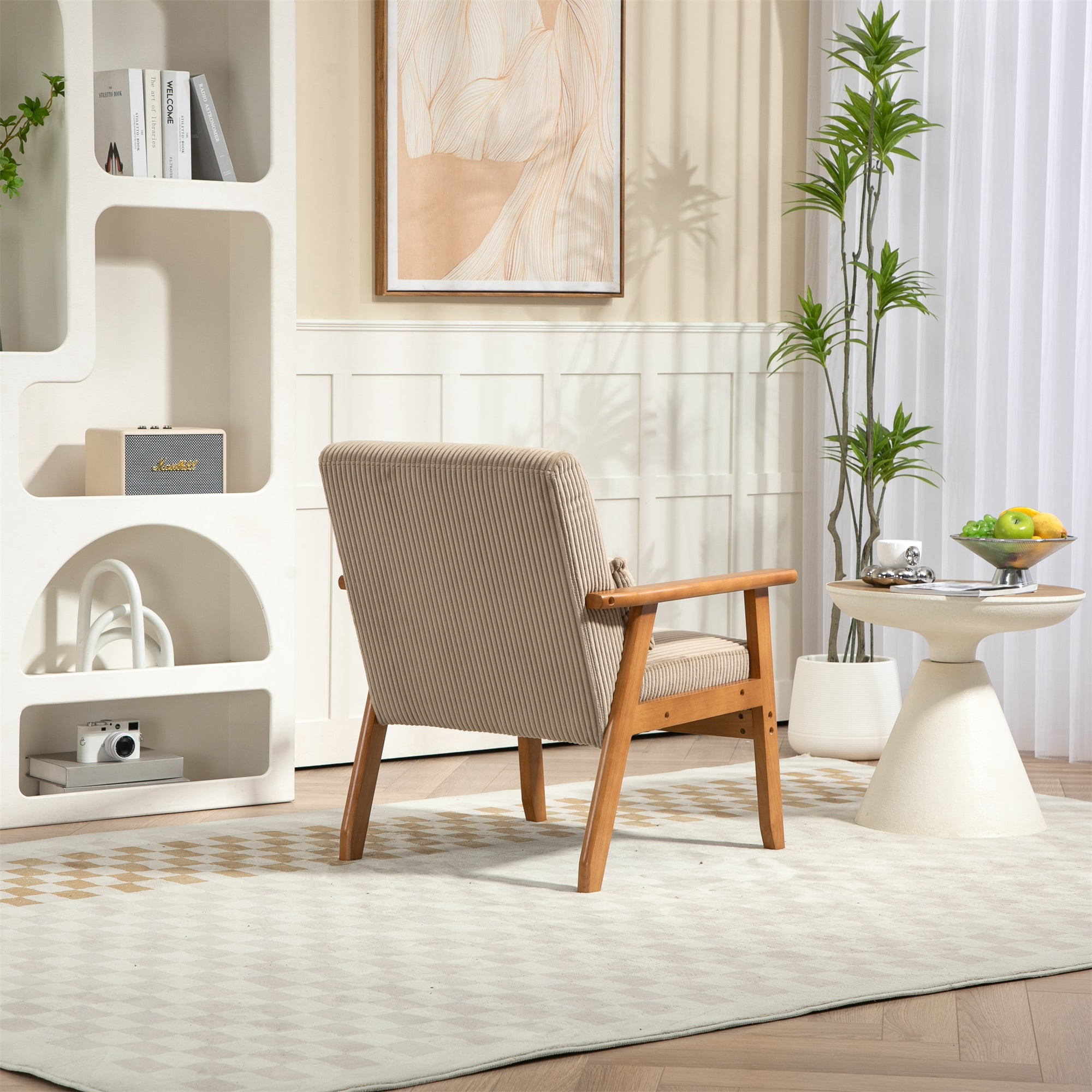 Miniyam Corduroy Mid-Century Modern Accent Chair,Leisure Chair with Solid Wood Armrest and Feet,Living Room Reading Chair,Camel