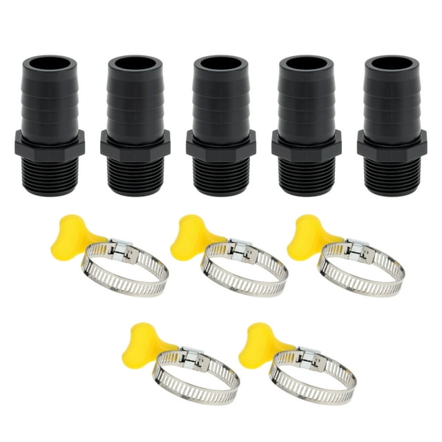 Conector de tubería recto de rosca macho BSPT de 1" con ajuste de barbado de plástico de 5/16" y 5 abrazaderas 63/64"OD-3/4"BSPT