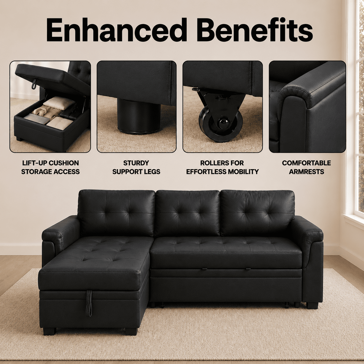 Naomi Home Laura Modern L-Shaped Air Leather Sleeper and Storage Sectional Sofa, Black