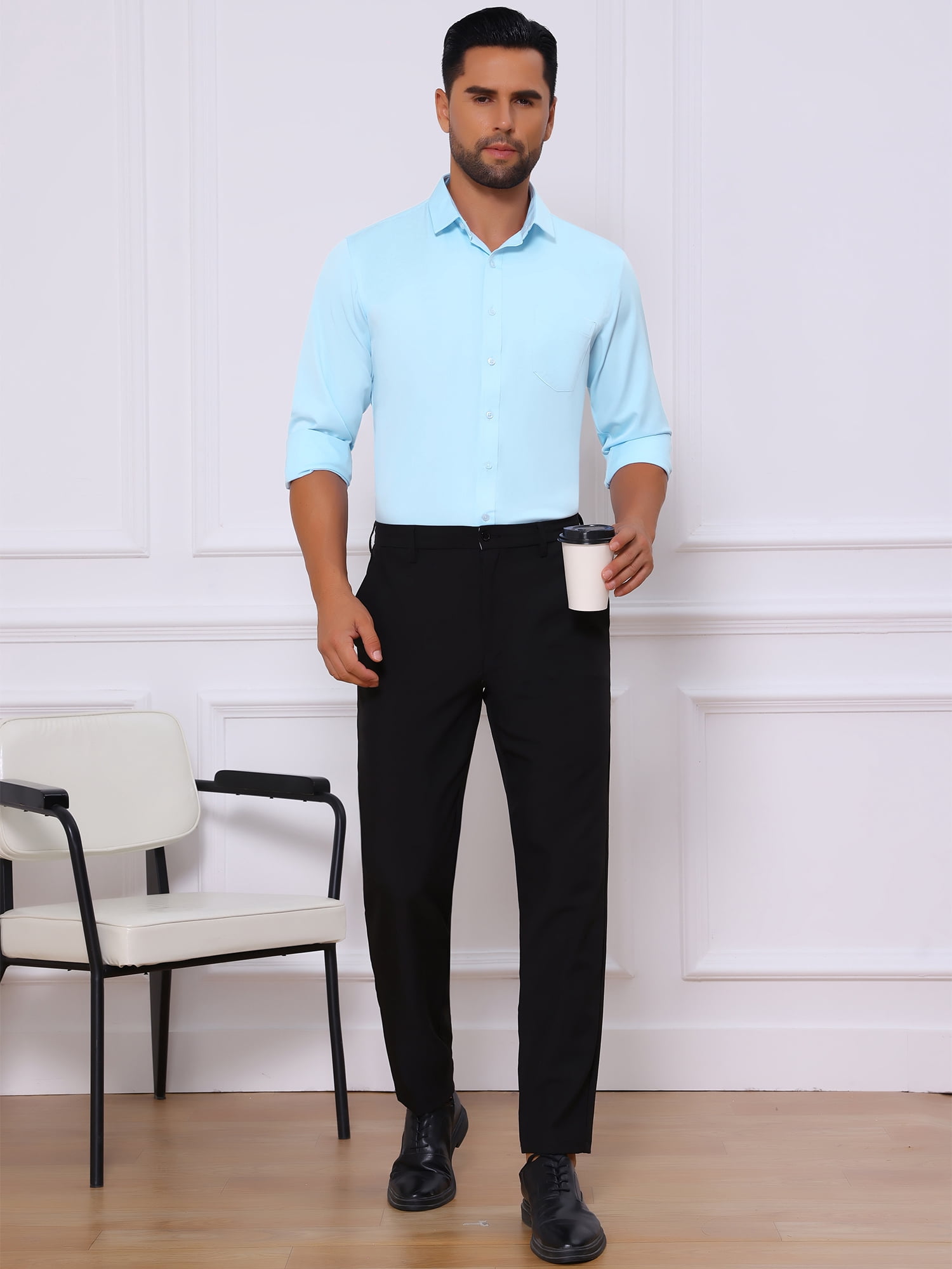DARING DIVA Men's Point Collar Button Long Sleeve Business Shirts L Light Blue