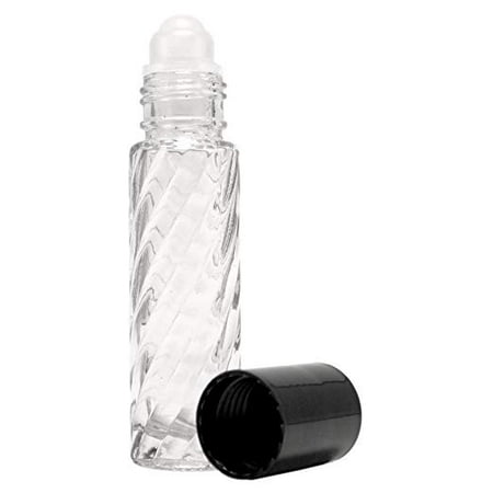 Each 10 Ml Bottle 10 ml (1/3 fl oz) - Clear Swirl Roll On Glass Bottles with Plastic Roller & Black Caps (Pack of 6) - Including 1 FREE 3ml Plastic Dropper For Easy Filling! ()