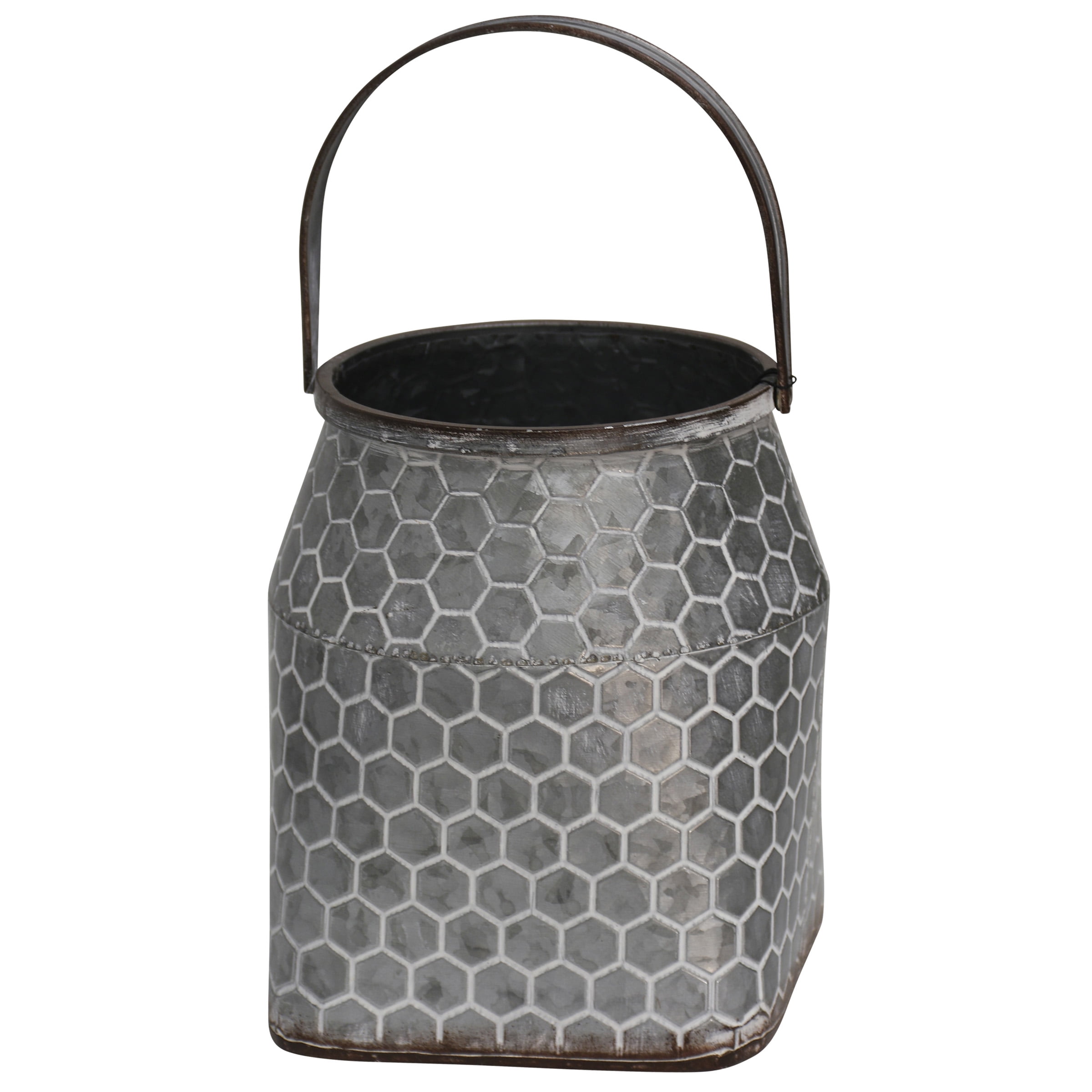 Galvanized Metal Vase with Handle Short Hide Pattern