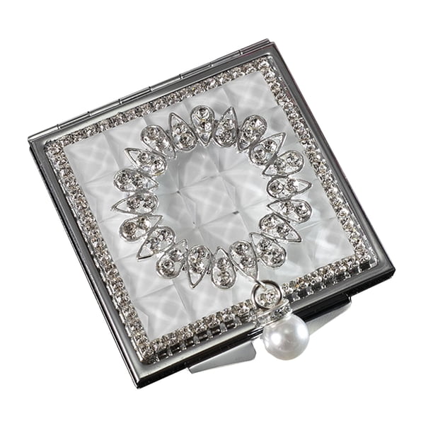 EeaseMX 1 espejo de maquillaje cuadrado pequeño de metal con colgante de perla, espejo de doble cara