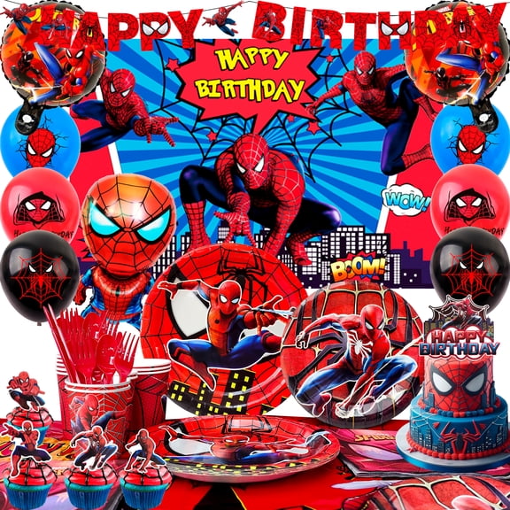Hero Web Theme Party Supplies, 115 Pcs Party Decorations & Tableware Set - Plates, Cups, Napkins, Tablecloth, Balloons, Backdrop Banner for Superhero Birthday Decorations
