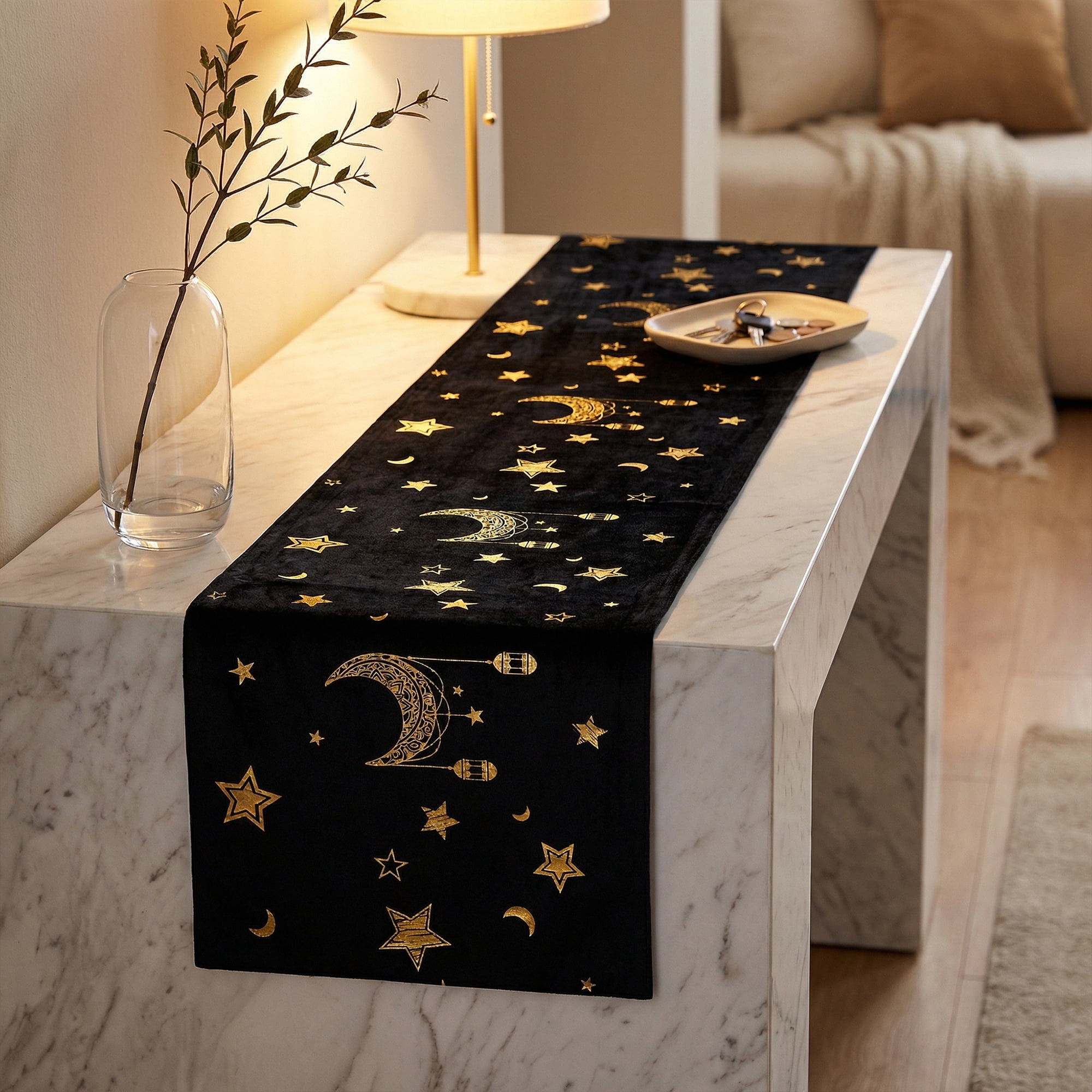 Unique Bargains Long Printed Polyester Table Runner for Decorations Black 13"x70.9"