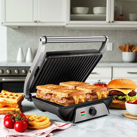 3-in-1 Countertop Electric Indoor Grill Panini Press, 180 ° Flat Open Sandwich Maker, Floating Hinge Nonstick Plates with Drip Tray for Steak, Burgers & Sandwiches