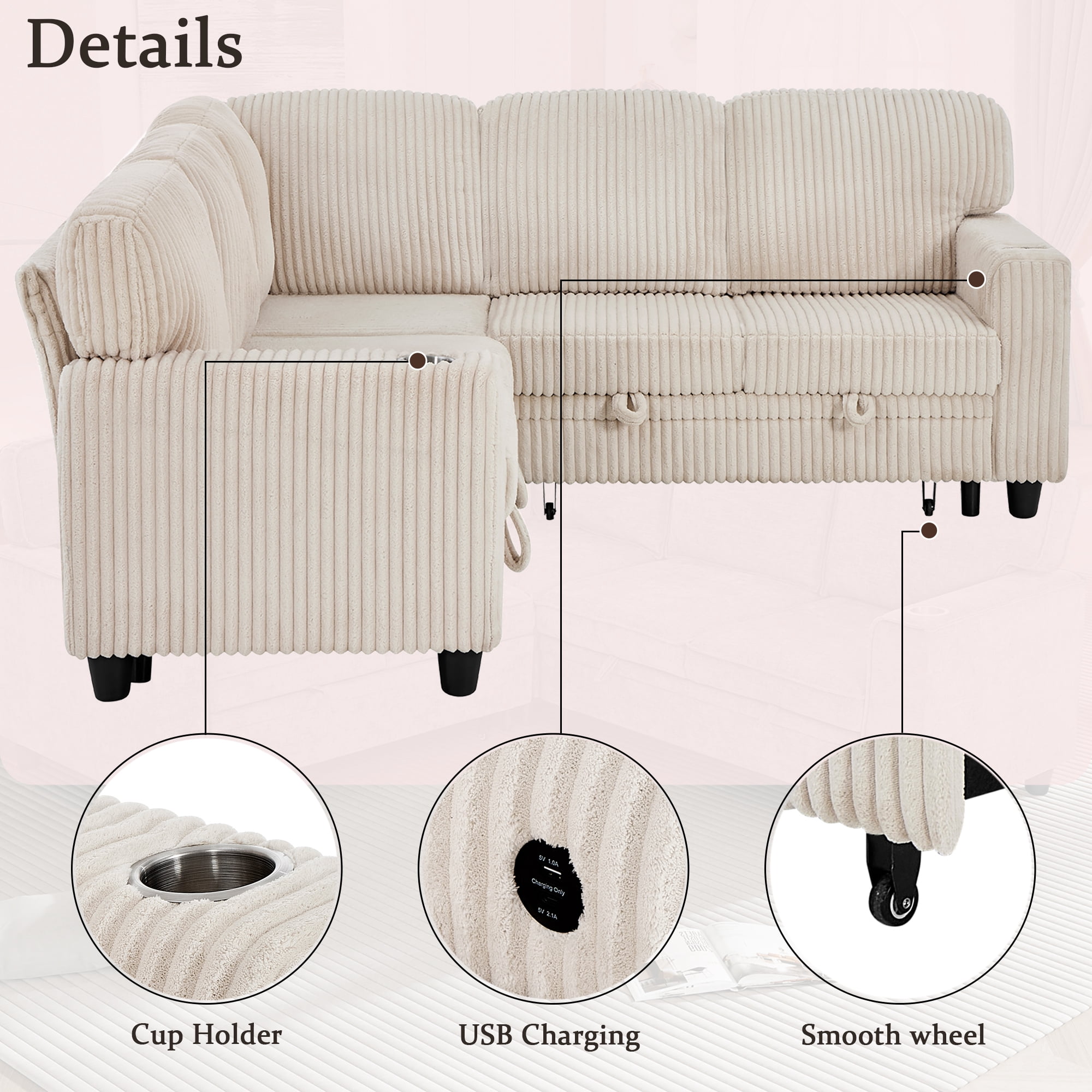 5-Seat L-Shaped Sectional Sofa with Pull-Out Bed, Reversible Chaise with Storage, Sleeper Sofa Couch Bed with USB & Type-C Charging Ports, Chenille Fabric Couch for Living Room, Apartment