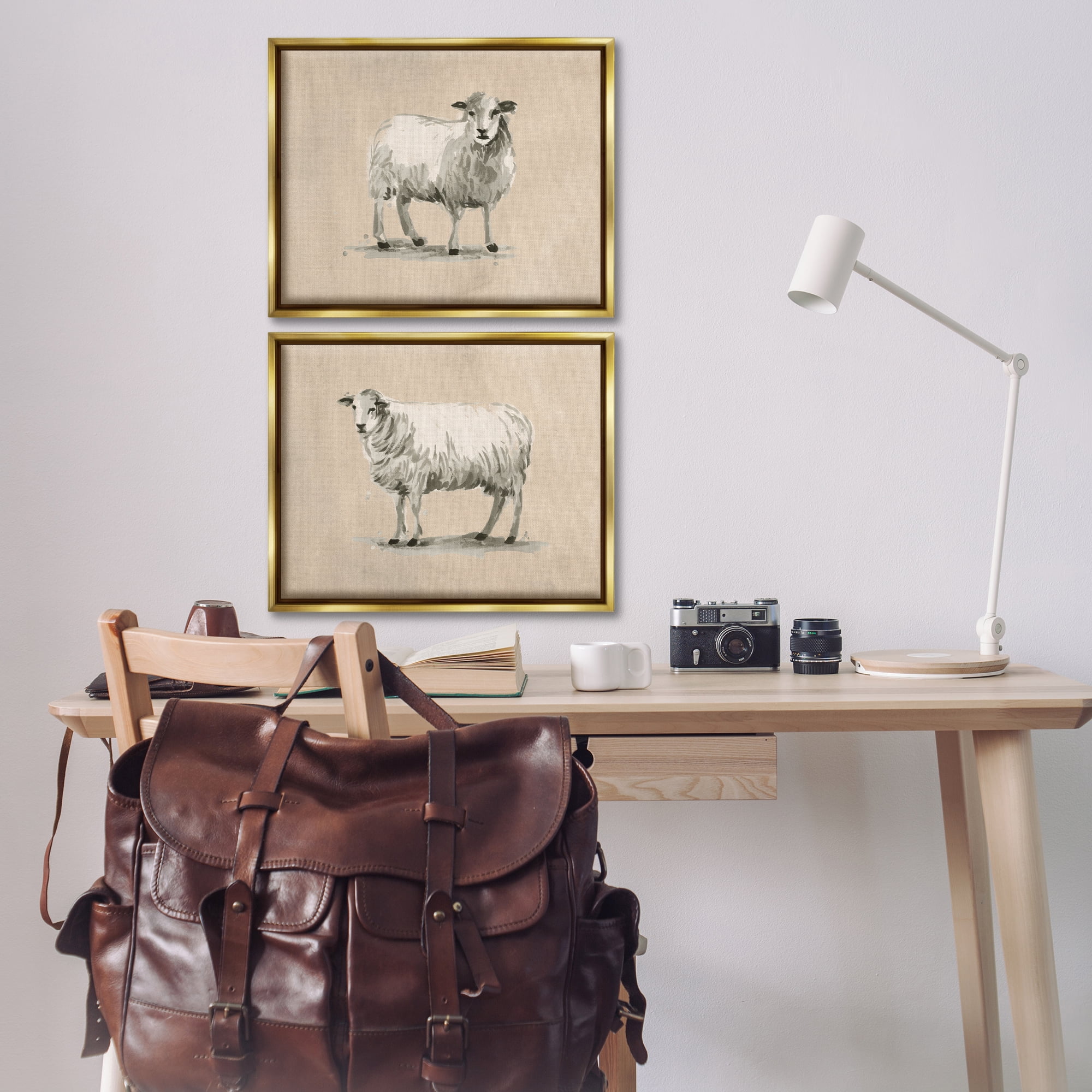 Stupell Industries Beige Sheep Portrait Animals Painting Gold Floater Framed Canvas Art Print Wall Art, 21 x 17, Set of 2