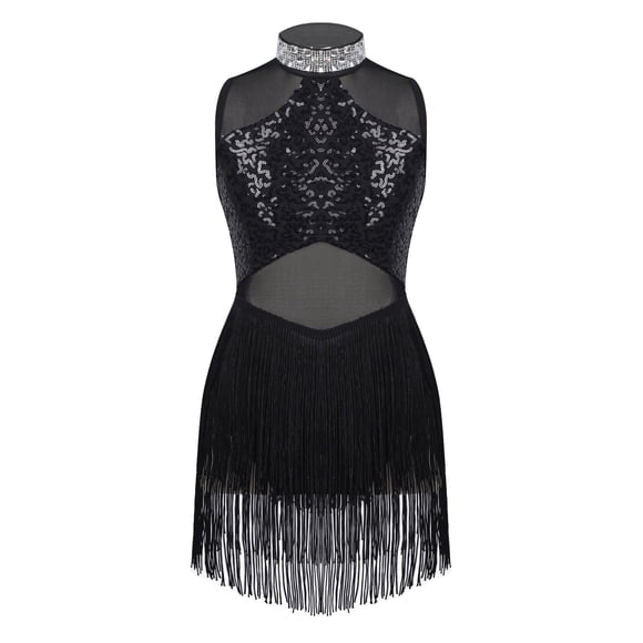 ranrann Robe de Danse Ballet Latine Sans Manches à Sequins Ourlet à Franges pour Filles Jazz Salsa Tango Noir 12