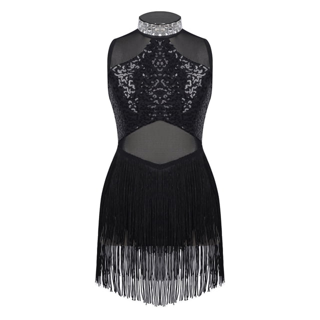 Runhomal Justaucorps de Ballet Sans Manches à Paillettes pour Filles, Robe à Franges, Latin Moderne, Jazz, Tango, Rumba, Salsa, Costume de Danse Noir 12