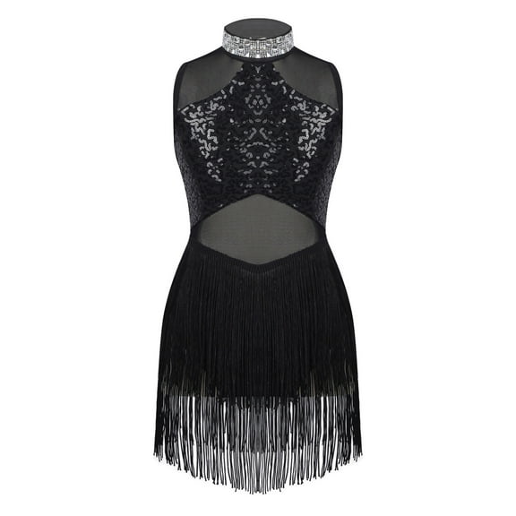 Xnihocha Kids Girls Sequins Jazz Latin Dance Costume Mesh Splice Tassel Dancewear Black 8