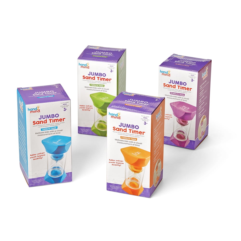 hand2mind Jumbo 1, 2, 5, and 10 Minute Sand Timer Set, Large Hourglass Timer, Sand Clock, Quiet Timer for Kids, Classroom Timers, Toddler Timer Visual Countdown, Game Timer, Calm Down Corner Supplies