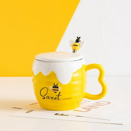 

NIUREDLTD Creative Ceramic Cup With Cover Cartoon Cute Bee Mug Office Coffee Cup Practical Advertising Gift Cup
