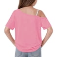 thumbnail image 4 of Blusas para Niñas sin Hombros, Camiseta de Manga Corta para Niñas Casual Corte Holgado de Color Sólido de un Hombro Camisetas de Verano Rosas 11 Años, 4 of 9