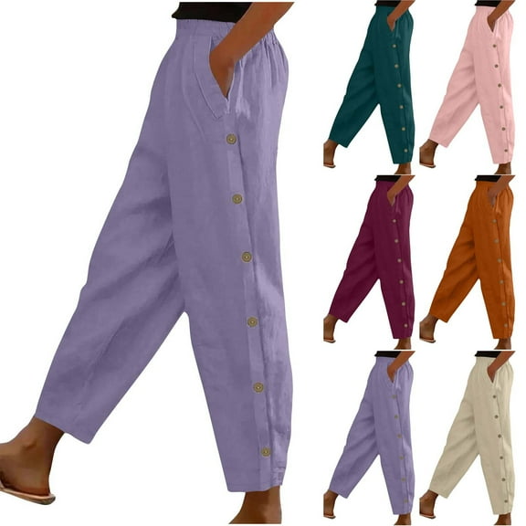 YUGYXL Women's Linen Tapered Pants Trendy Side Button Long Pants Stretch Waist Trousers with Pockets Orange L