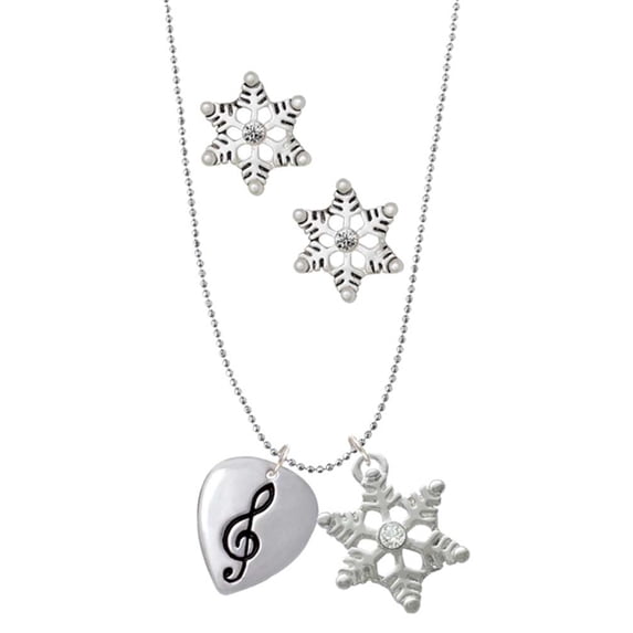 Delight Jewelry Silvertone Large Clef on Guitar Pick Silver tone Snowflake Charm Necklace and Stud Earrings