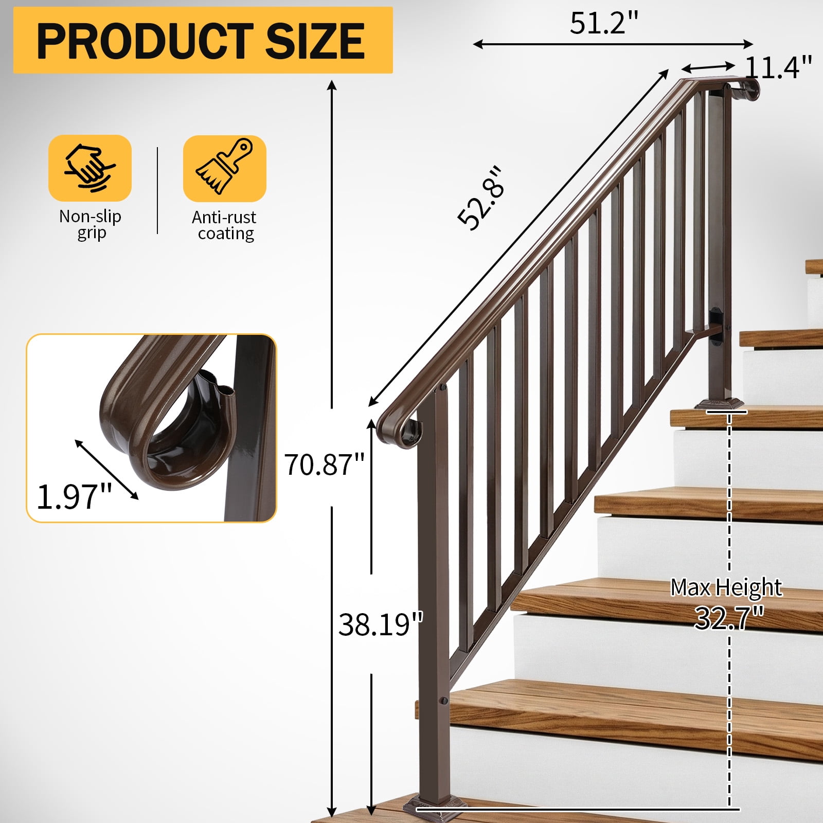 Copper Galvanized Iron Stair Handrail Curved Step Railing Fit 4-5 Steps Outdoor Garden Steps Non-Rust Powder Coated Safety Picket Rail With Installation Hardware