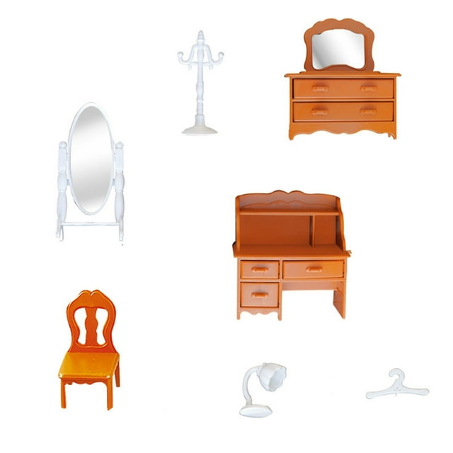 8-Piece Mini Bedroom Furniture Set - Dollhouse Dressing Table, Mirror & Lamp for Pretend Play or Decoration