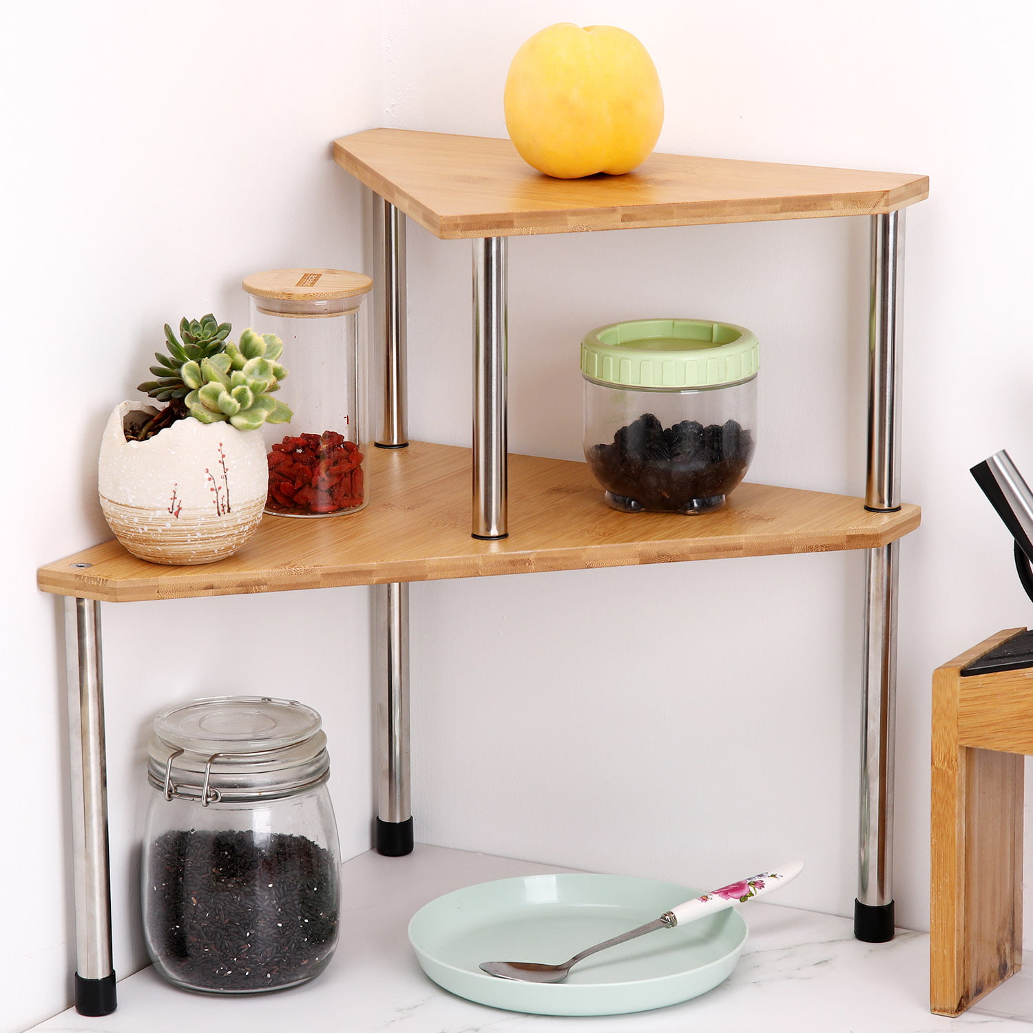 2 Tier Free Standing Corner Shelf Rack - Kitchen Counter Top