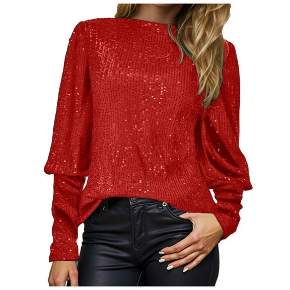 felwors Women's Long Sleeve Sequin Tops Dressy Sparkle Glitter Crewneck Blouse Sexy Cocktail Party Shirts Y2k Clubwear Red, XL