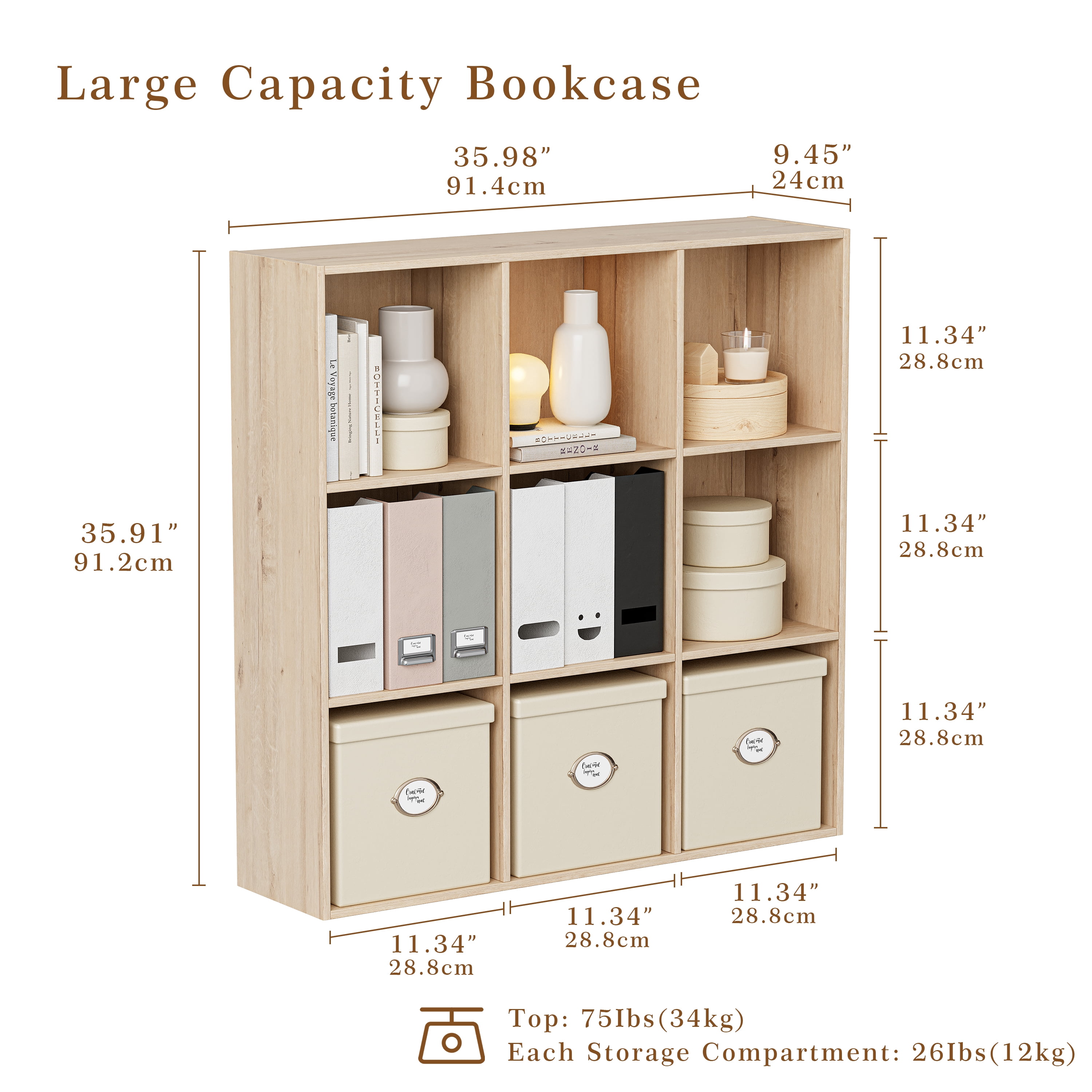 Anhdah 9 Cube Storage Organizer, Cube Bookcase Closed Back Panel Bedroom, Living Room, Home Office, Closet Bookshelves White Oak