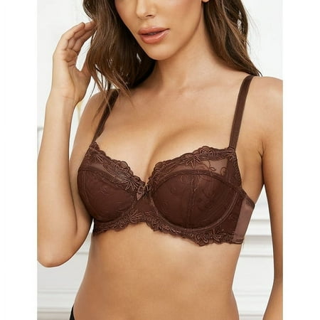 Wingslove Women s Push Up Bra Sexy Lace Balconette Plus Size Full Cup Unpadded Underwire See Through Bra Chocolate 40G
