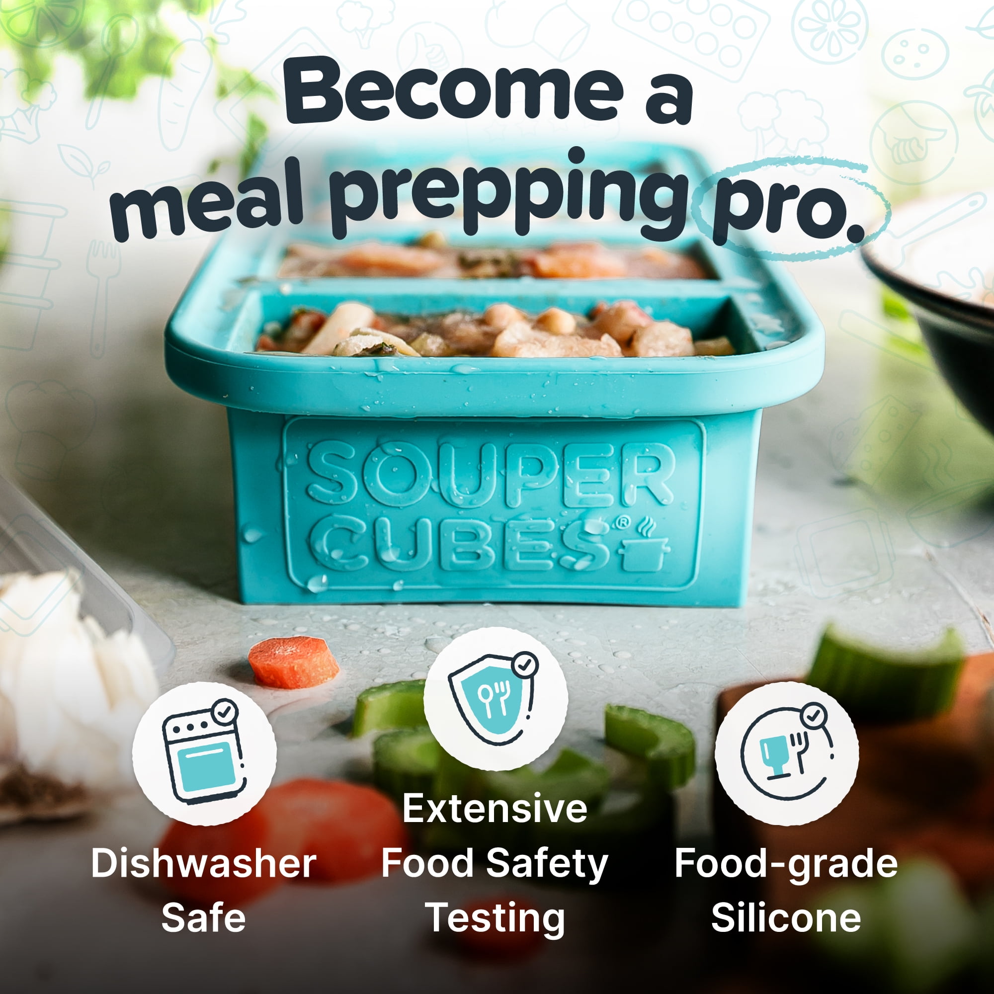 Souper Cubes 1 Cup Freezing Tray with Lid, Silicone Soup Freezer Molds for Freezing Broth, Soup, Leftovers and More, 2-Pack - Aqua