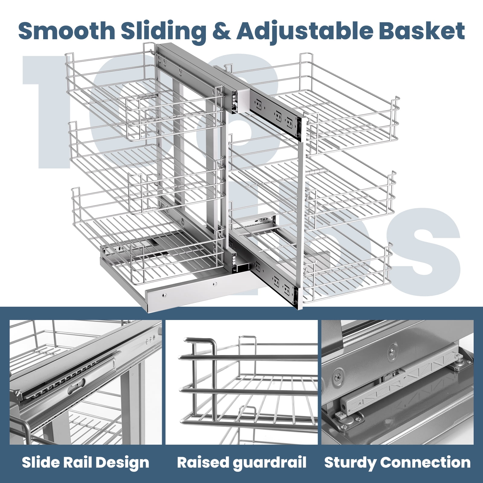 3 Tier 6 Shelf Blind Corner Pull Out Organizer,For Cabinets With Grid Design, Stainless Steel Kitchen Storage Organization, 103 Lbs Under Cabinet Organizer With Metal Glide Slot