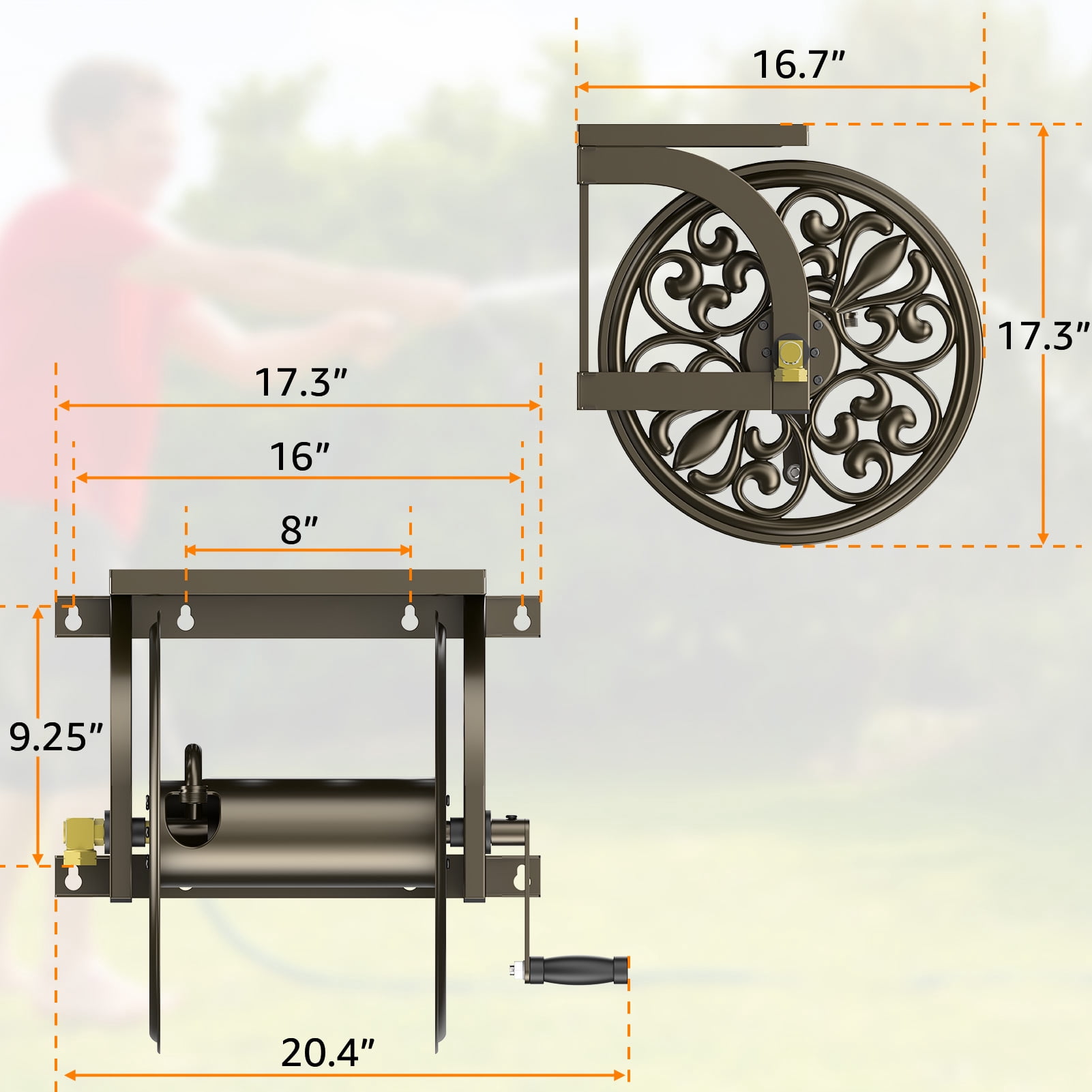 Outlandpro Metal Decorative Garden Hose Reel, Heavy Duty Hose Holder for Outside, Wall Mount, Holds 200 ft x 5/8" Hose Storage